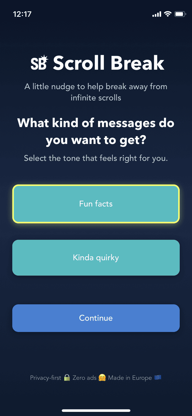 Scroll Break app setup screen