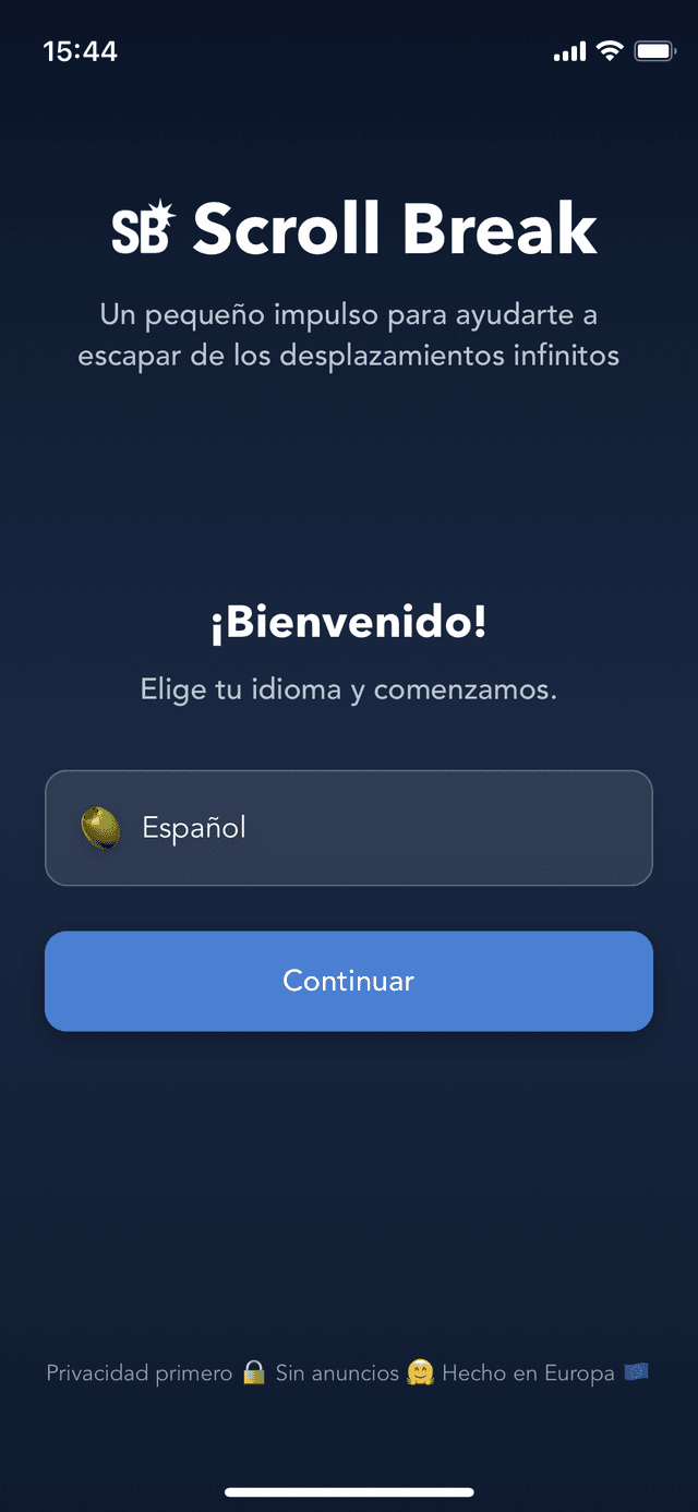 Pantalla principal de la app Scroll Break