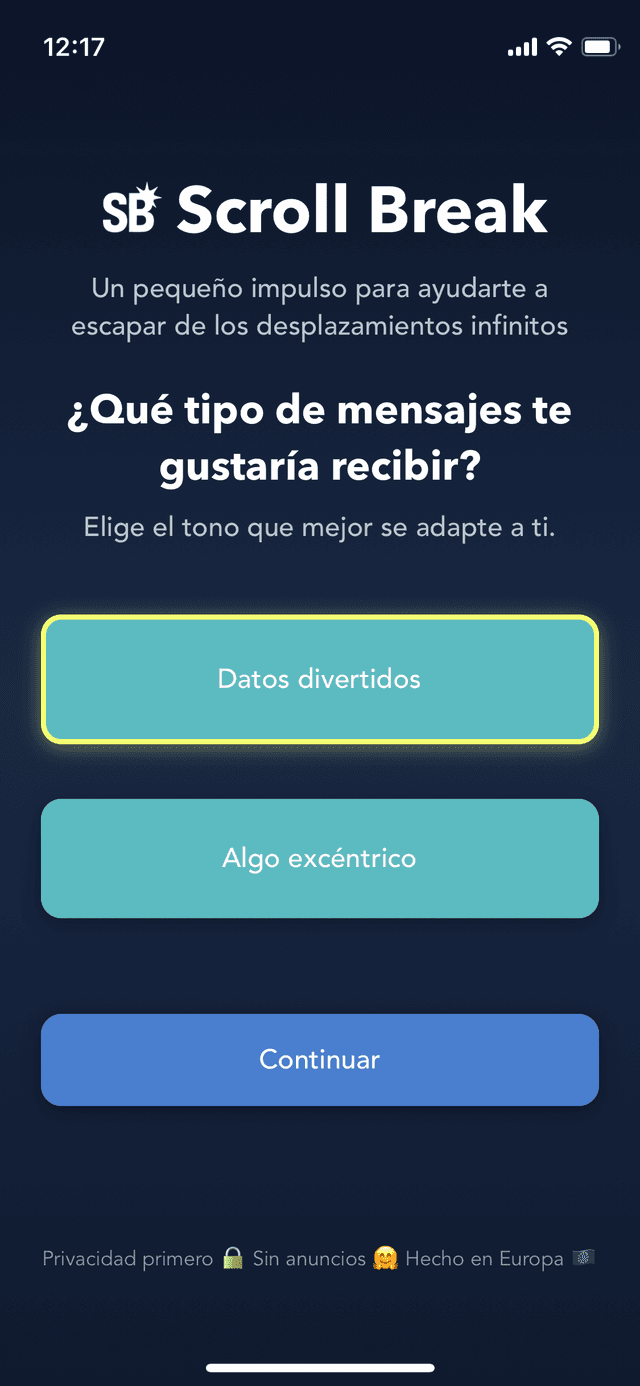 Pantalla de configuración de Scroll Break