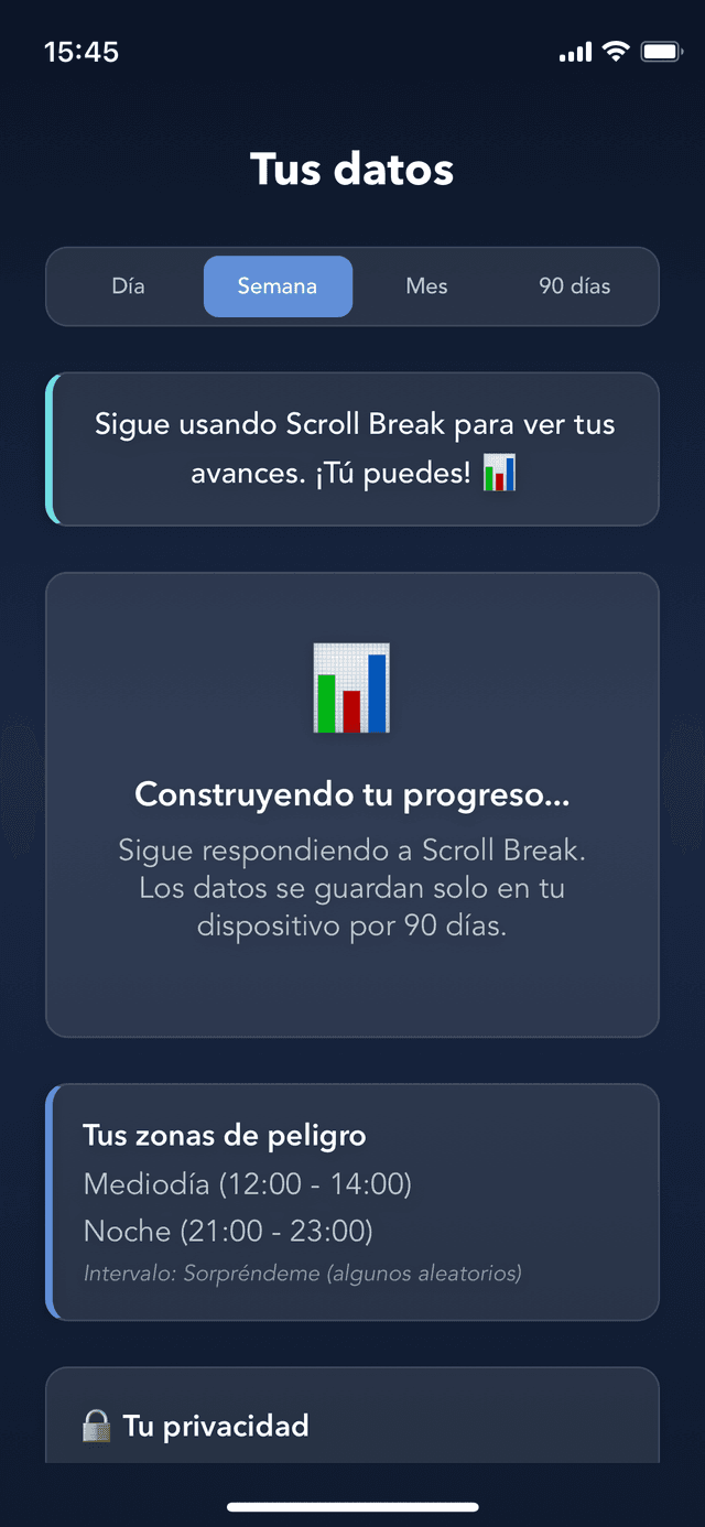 Pantalla de configuración de Scroll Break