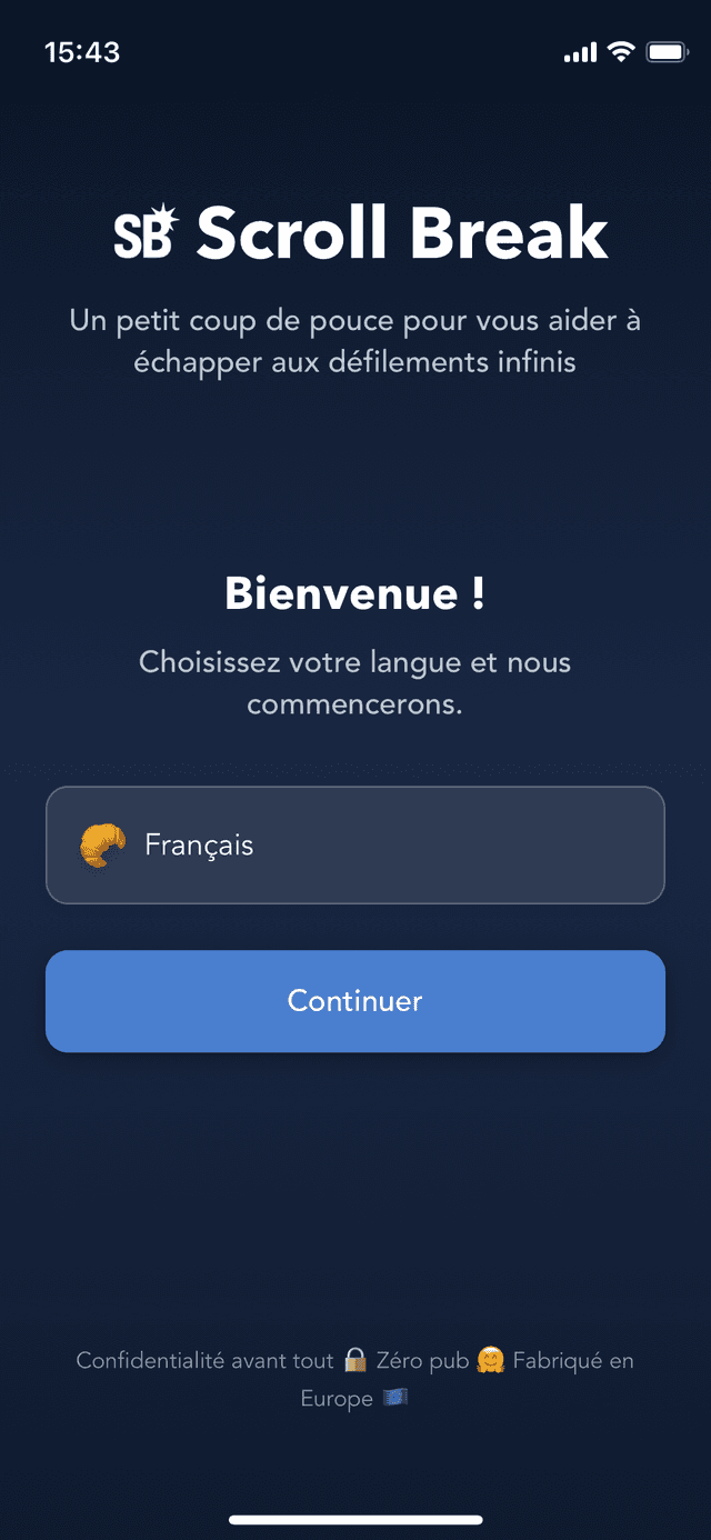 Écran principal de l'app Scroll Break