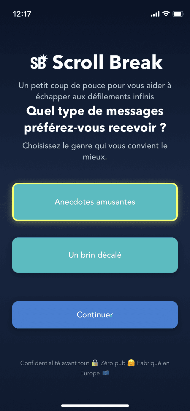 Écran de configuration de Scroll Break